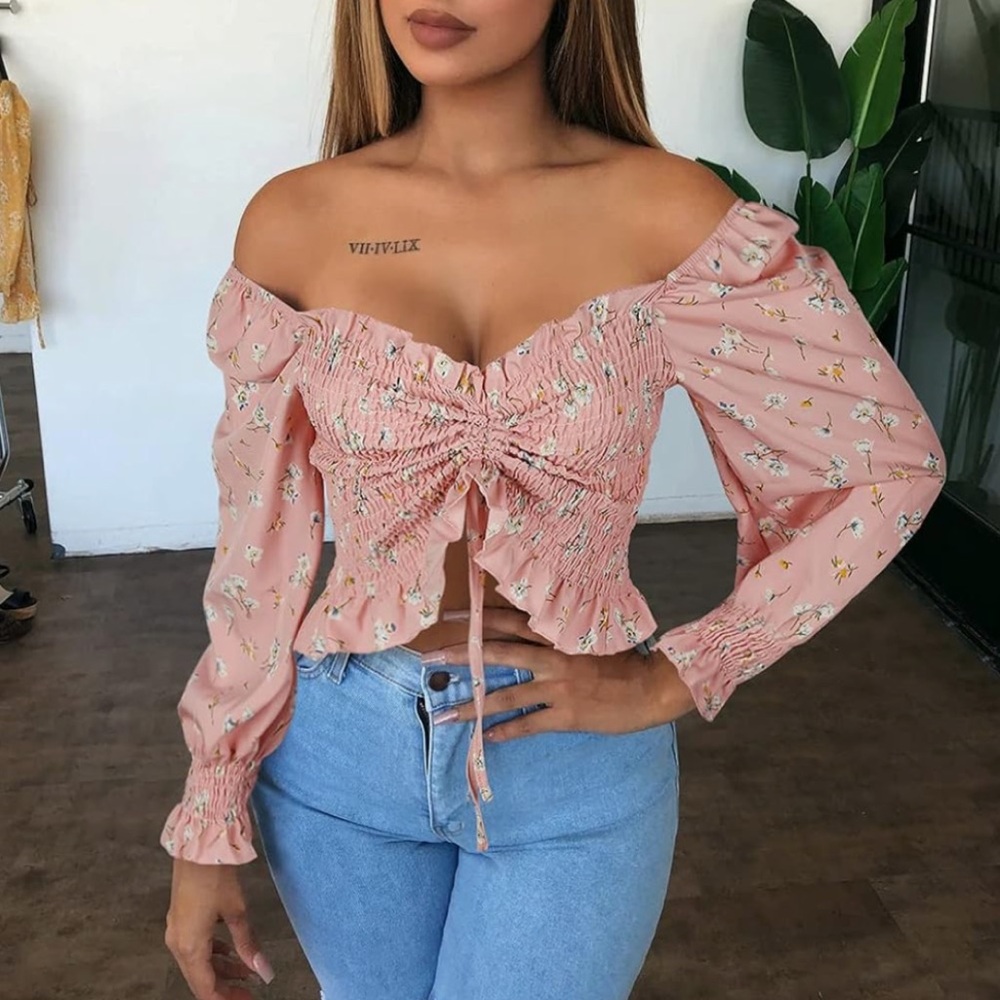 Floral Drawstring Ruched Puff Long Sleeve Ruffle Smocked Crop Top - Picture 3 of 4